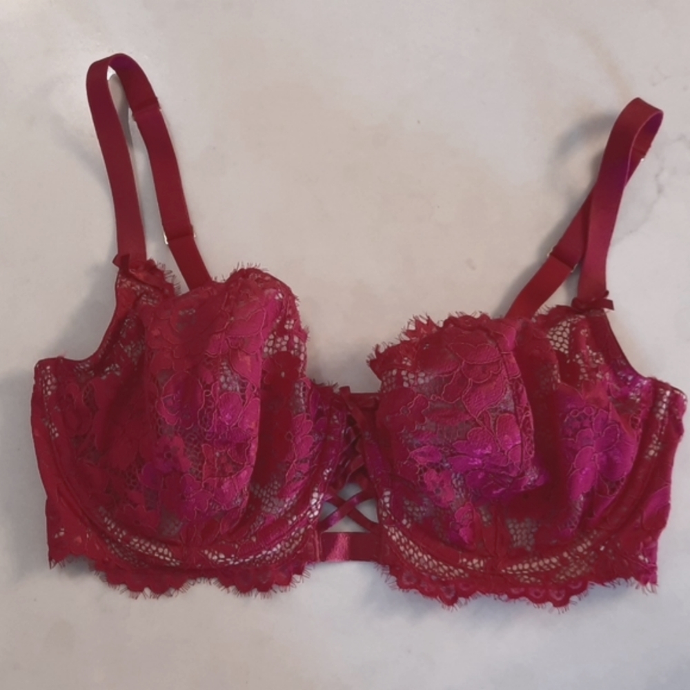 CACIQUE Unlined Lace Balconette Hot Pink 38DDD Like New!